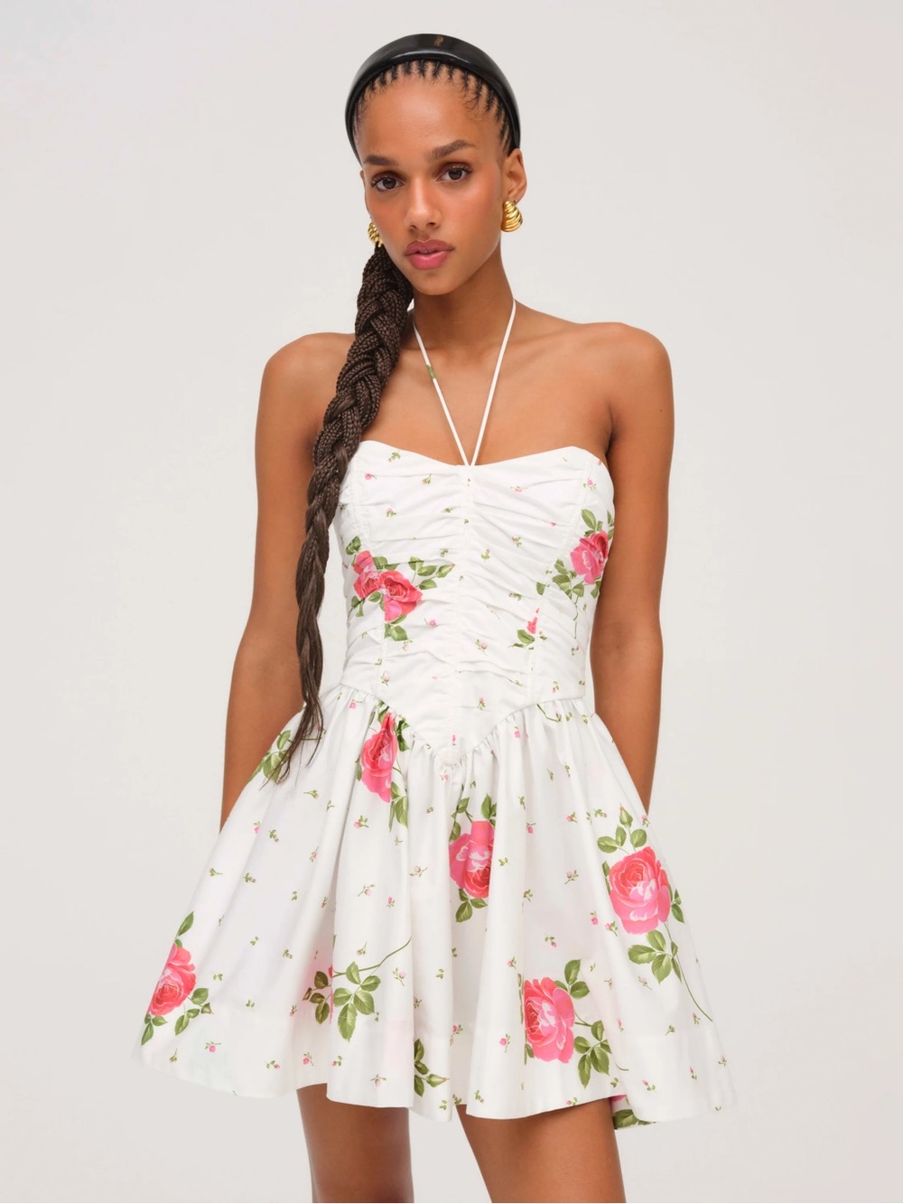 For Love & Lemons Rosebud Corset Halter Mini Dress Floral White M